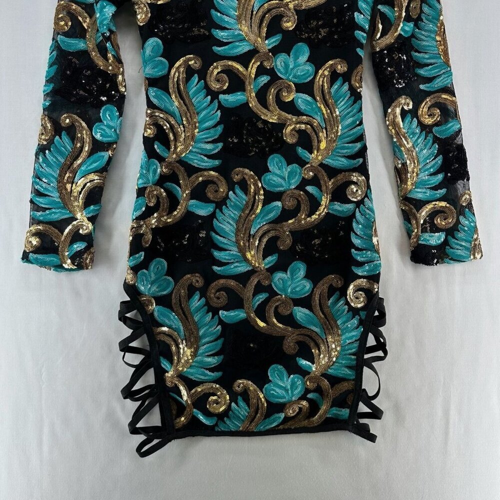 Fashion Nova Dress Size  XS Caprice Sequin Strap Side Bodycon Long Sleeve Black - Picture 5 of 12